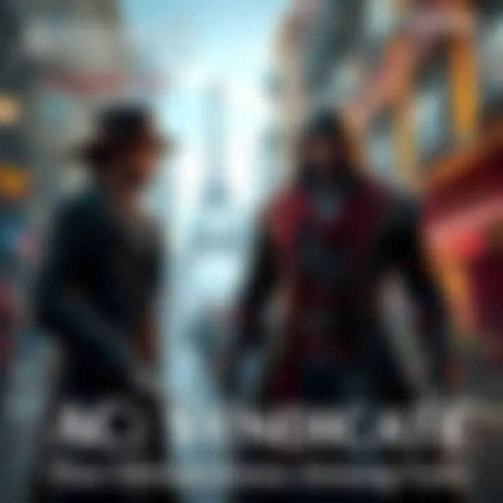 A character from Assassin's Creed: Syndicate engaging with another character in a Victorian city setting, showcasing their unique attire and the game's immersive atmosphere.