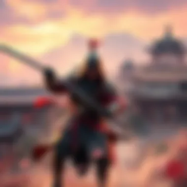 Assassin's Creed in Three Kingdoms A character in traditional Chinese armor battles in a historical setting, with ancient buildings and landscapes in the background.