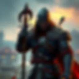 A Viking character in Assassin's Creed Valhalla with armor and weapons, ready for battle