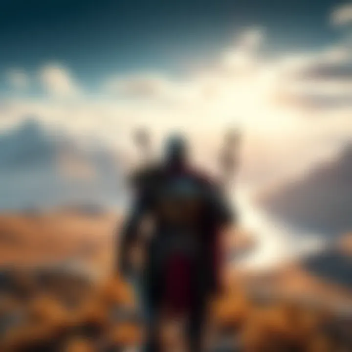 Assassin's Creed Valhalla gameplay scene A warrior in Viking attire exploring a vast open world with mountains and rivers in the background