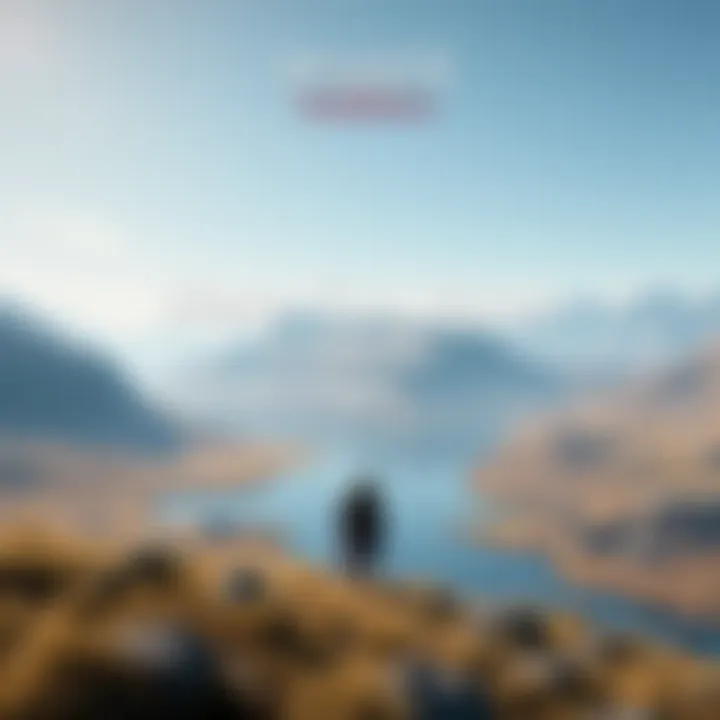 A scene from Assassin's Creed Valhalla showing a Viking character exploring a vast landscape with mountains and a river under a clear sky.