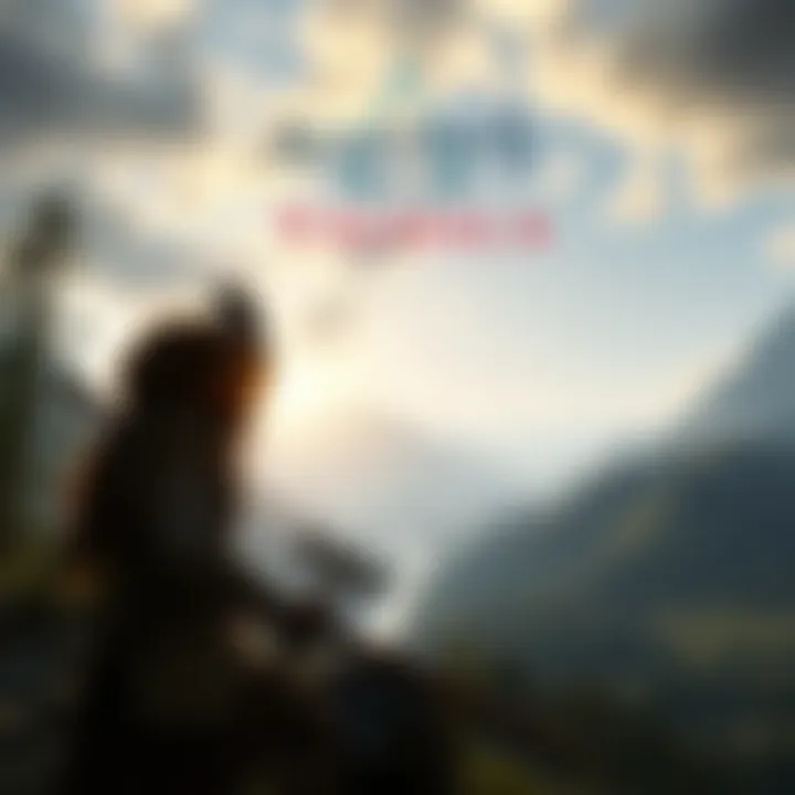 A scene from Assassin's Creed Valhalla showing a Viking warrior exploring a scenic landscape with mountains and a river in the background.