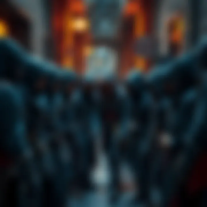 A group of diverse characters in hoods and cloaks representing modern assassins, discussing strategies together in a dimly lit alley.