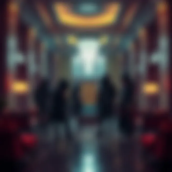 Group of people dressed as assassins gathered in a hotel lobby, strategizing and watching their surroundings.