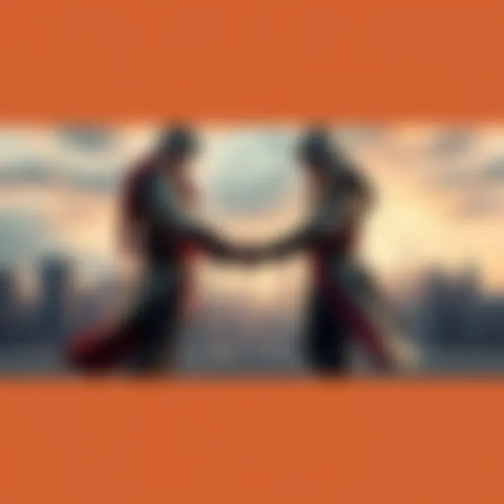 Two figures representing Assassins and Templars shaking hands against a backdrop of a city skyline, symbolizing potential collaboration.
