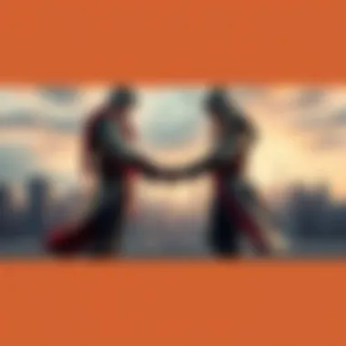 Assassins and Templars Alliance Two figures representing Assassins and Templars shaking hands against a backdrop of a city skyline, symbolizing potential collaboration.