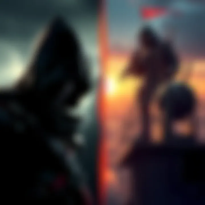 A split image showing an assassin in a dark hood on one side and a lookout character observing from a high place on the other side, illustrating the debate between the two roles in gaming.