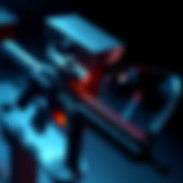 Assault Rifle and Chief's Visor An illustration showing an assault rifle with an adjusted slope next to a detailed view of a chief's visor reflecting light in a dark environment.