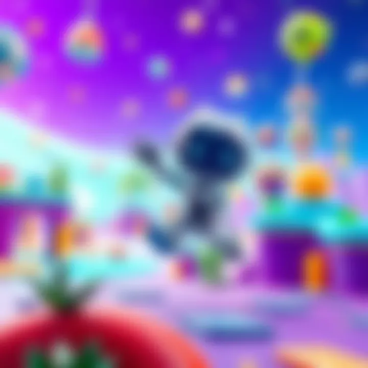 Astro Bot, a cute, small robot with a friendly face, jumping joyfully in a colorful game world filled with platforms and playful elements