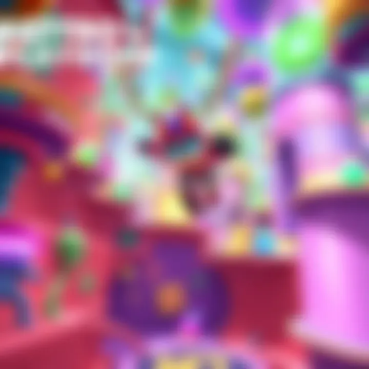 A colorful scene from ASTRO's PLAYROOM showcasing the character ASTRO jumping through a vibrant, dynamic world filled with platforms and collectibles.