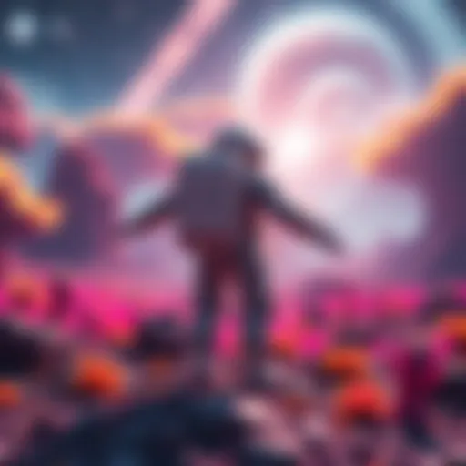 An astronaut in a spacesuit stands on a vibrant alien world with strange plants and a starry sky