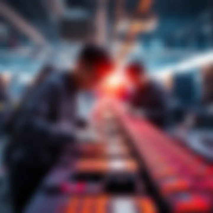 A modern production line showcasing Asus employees assembling DDR5 RAM components, highlighting innovation and technology in the memory market.