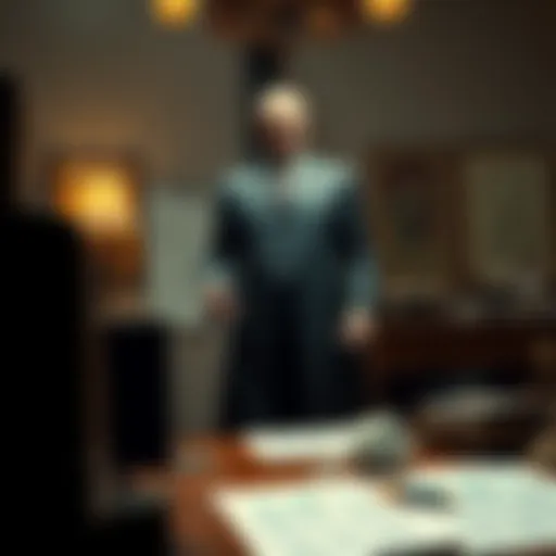 AT Arkveld's Rise to Power A powerful figure depicted standing confidently at a desk, symbolizing control and authority, with charts and documents representing his newfound influence.