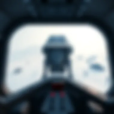 A first-person view of a player inside an AT-AT, showcasing the cockpit controls and the snowy battlefield of Hoth outside