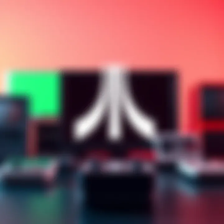 Atari's logo with various classic gaming devices in the background, symbolizing its return to profitability.