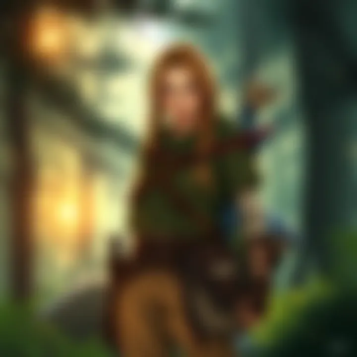 A brave DnD ranger named Athalia stands in a forest, showcasing her survival skills and leadership qualities, with a determined expression and nature around her.