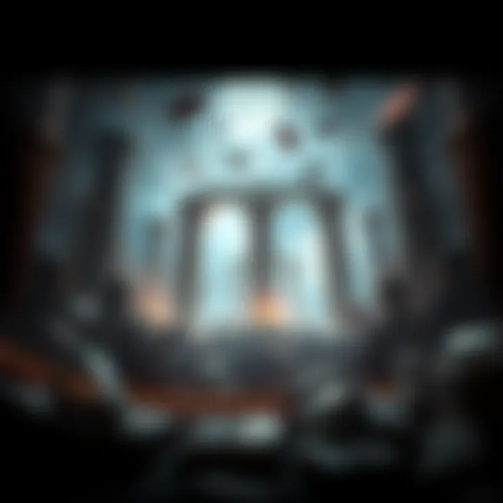 A symbolic representation of chaos in Greek civilization after Athena's death, showing crumbling columns and falling books in a darkened setting.