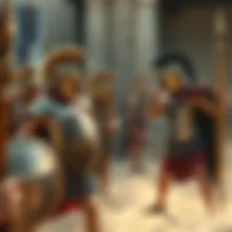 Athenian and Spartan Characters A scene showing Athenian and Spartan warriors preparing for battle, highlighting their distinct armor and weapons.