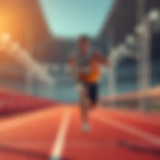 An athlete running towards a finish line, striving to win Gold and AT medals with a determined look.