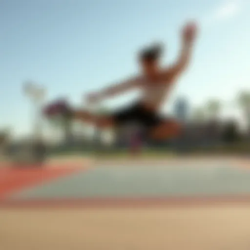 An athlete executing a jump in a park, focusing on proper landing techniques to prevent backwards flips.