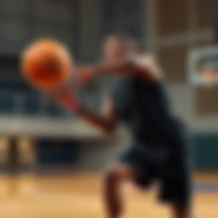 An athlete practicing air dribbling with a basketball on a court, demonstrating techniques and drills to improve skills