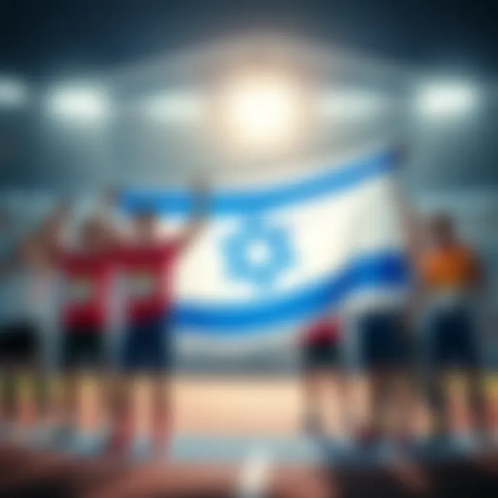 A group of athletes proudly displaying the Israel flag during a sports event, showcasing pride and unity.
