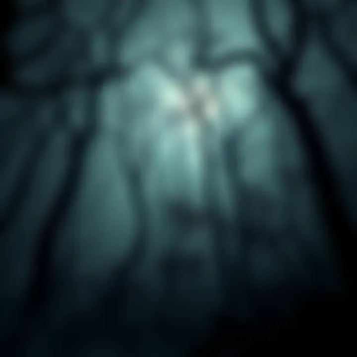 A dark and eerie forest setting with twisted trees, fog, and faint glimmers of light, capturing a sense of dread and tension in a horror game.