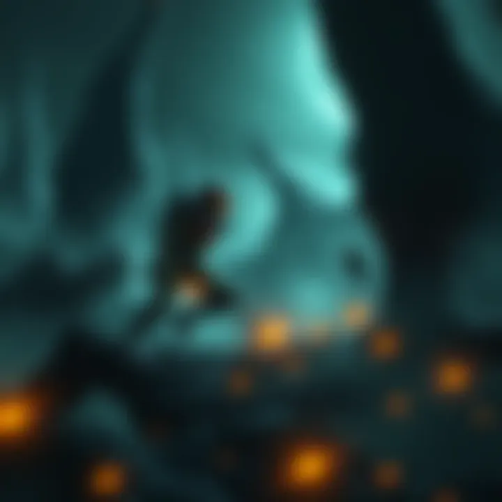 A dark, eerie landscape reminiscent of classic Metroid, featuring a lone character exploring a haunting alien environment with glowing elements and shadows