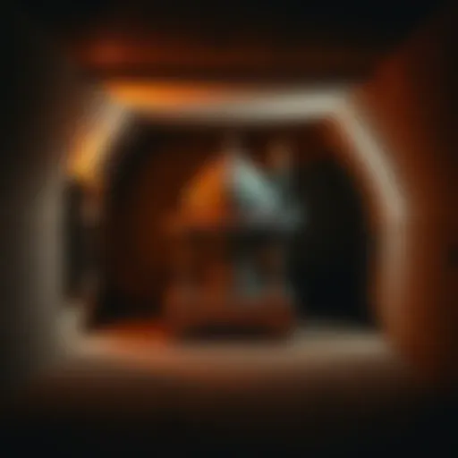 A replica of an atom bomb prop displayed in a hidden, dimly lit bunker with concrete walls.