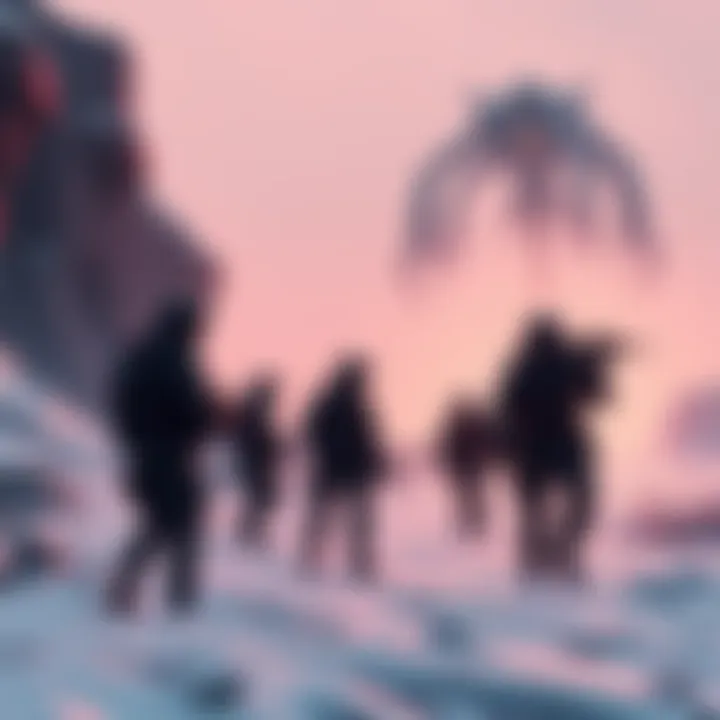 A futuristic scene depicting Soviet soldiers preparing for an alien invasion in a snowy landscape