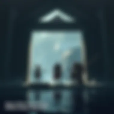 Atreus stands inside the temple looking worried while Kratos stays outside, avoiding the lake's water. Brok is beside him, creating a tense atmosphere.
