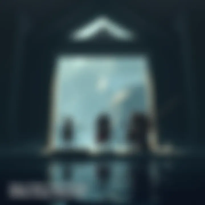 Atreus stands inside the temple looking worried while Kratos stays outside, avoiding the lake's water. Brok is beside him, creating a tense atmosphere.