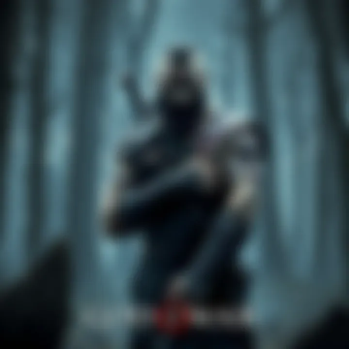 Atreus stands holding his weapon, showcasing his amputated arm, with a somber expression in a dark forest setting.