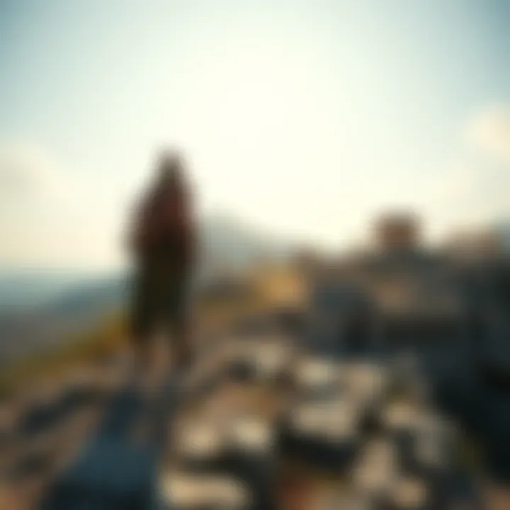 Atreus on his journey Atreus standing on a mountain overlooking a rebuilt ancient Greek city, with ruins in the foreground and a bright sky above