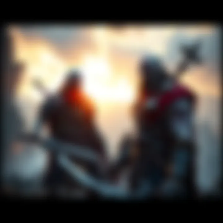 Atreus and Kratos standing together, weapons drawn, in a fantasy setting