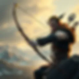 Atreus practicing with a bow, showcasing his determination and strength, set against a backdrop of Norse landscapes