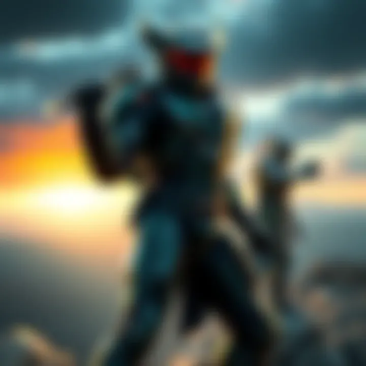 Atriox, a muscular character in armor, stands valiantly with a distant battlefield in the background, portraying strength and determination against Cortana.