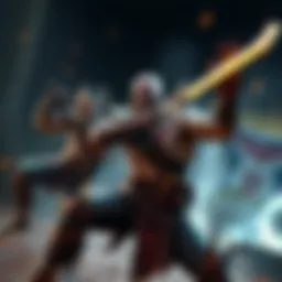 A character named Atrues engaging in a dynamic combat scene with Kratos in the background