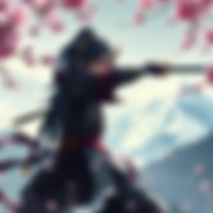 Atsu, a new character in Ghost of Yōtei, stands ready for battle with a sword, set against a backdrop of a Japanese mountain and cherry blossoms, capturing the essence of the game.