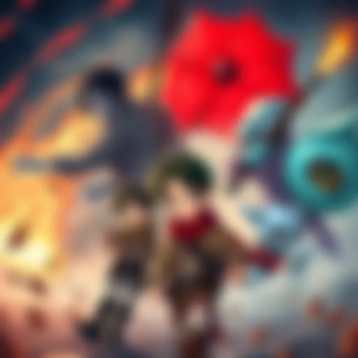 A mashup scene showing characters from Attack on Titan alongside My Little Oni characters in an action-packed gameplay setting