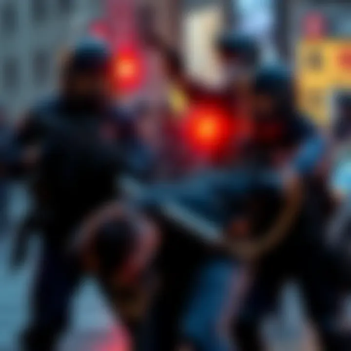 A person trying to take down three guards without weapons, showcasing the struggle and intensity of the situation.