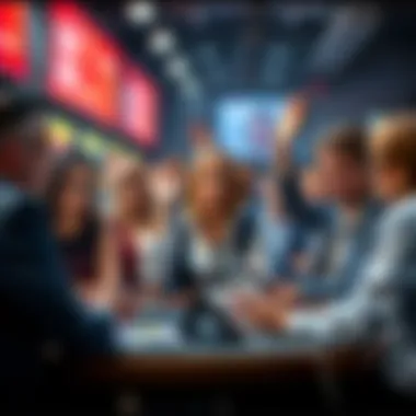 A group of people looking concerned around a bidding table, with hands raised for last-second bids in an auction setting