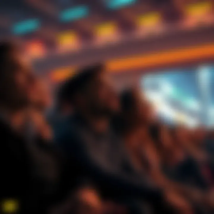 A diverse group of people watching a dramatic scene from Origins, captivated and immersed in the storyline.