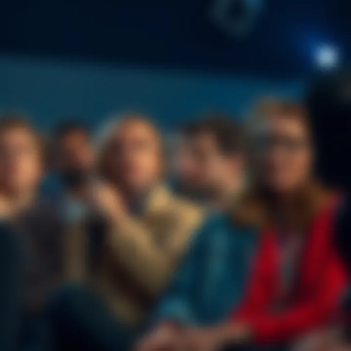 A group of people watching a television finale with mixed expressions of boredom and confusion