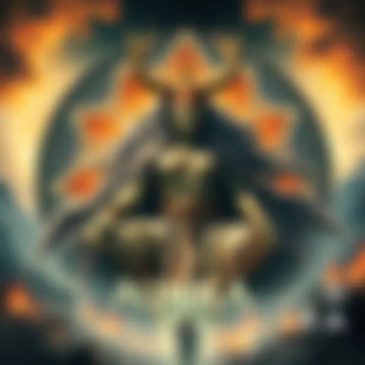 Artistic representation of Auðumbla, a primordial figure nurturing the gods, surrounded by ancient Norse symbols.