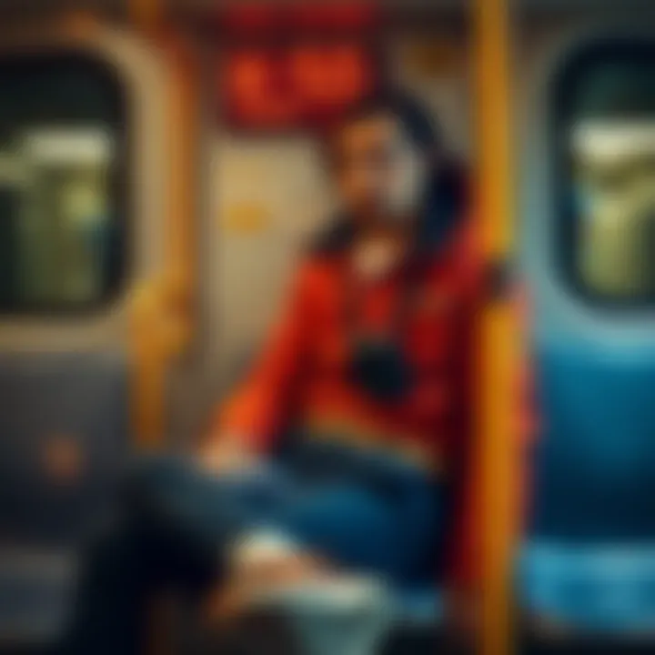 A person dressed as Augustus Sinclair, wearing a bold outfit with a missing wig and fanny pack, sitting on a train