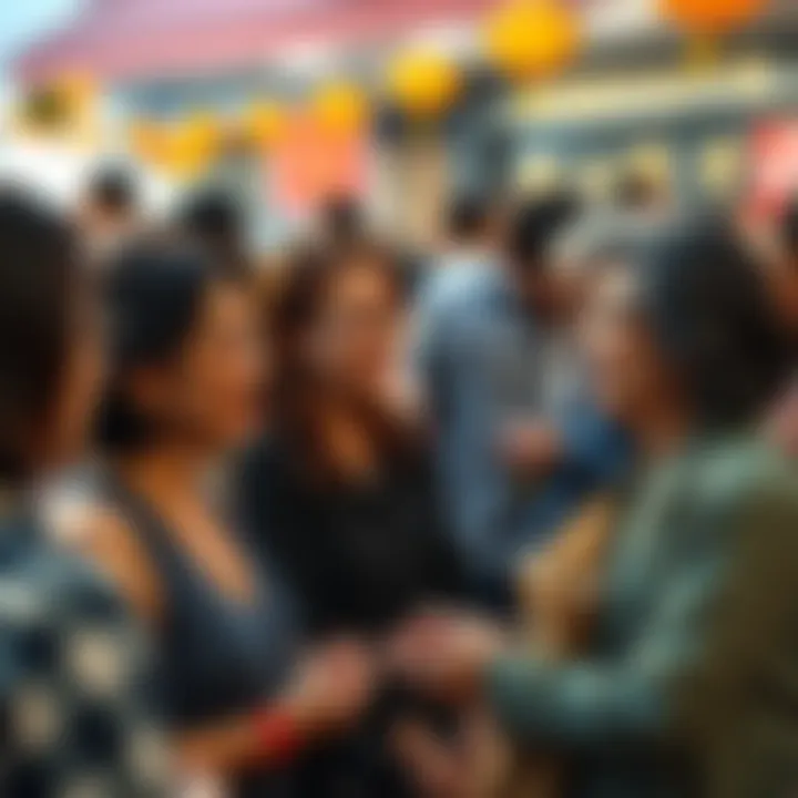 Aunty Mei and her niece chatting with community members at a local gathering, with people sharing opinions and thoughts around them.