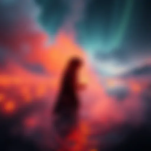 A figure harvesting energy in Siofra River surrounded by mist and glowing lights