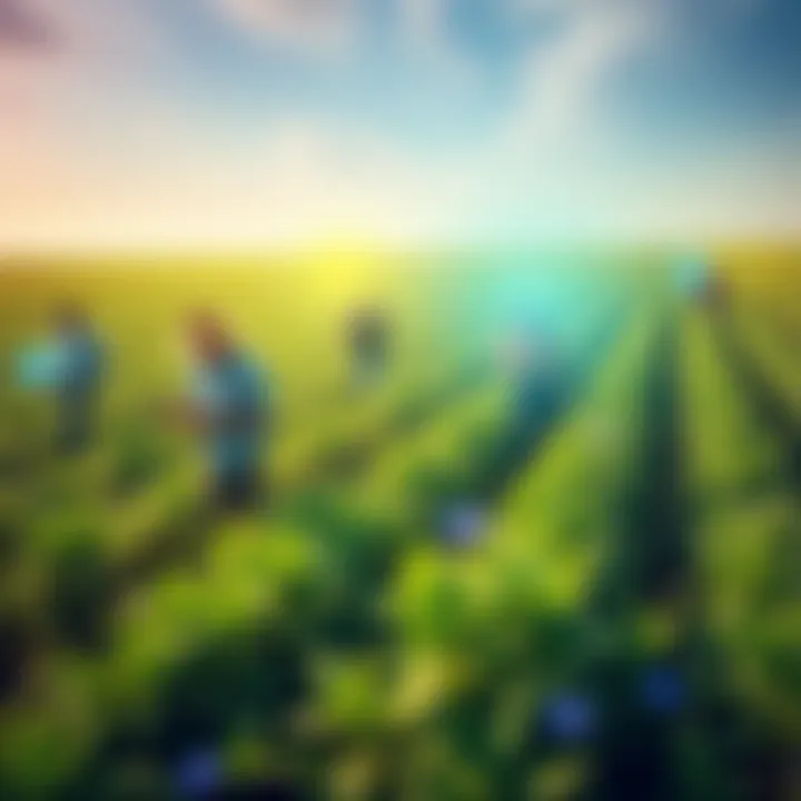 A group of aura farmers using different tools and techniques to harvest auras in a lush green field, showcasing their competition.