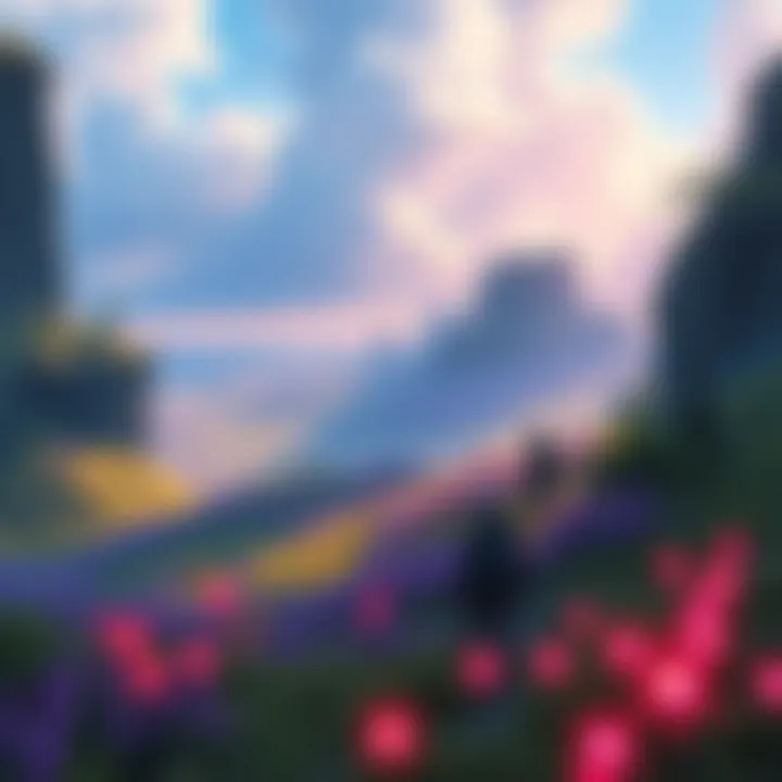 A character in a fantasy game collecting glowing auras in a vibrant landscape with high cliffs and lush fields